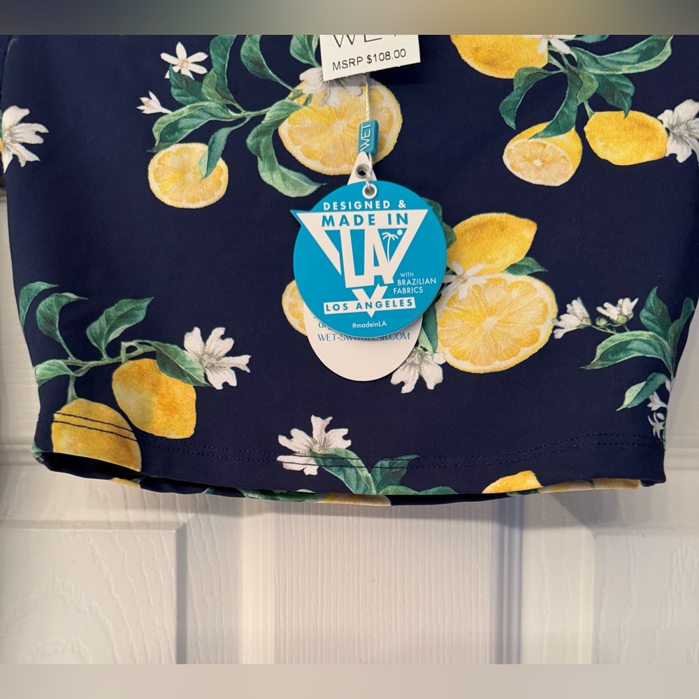 Wet Swimwear Sardinia Bri Navy Blue Lemons Print Long Sleeve Crop Top Size XS - Picture 7 of 12